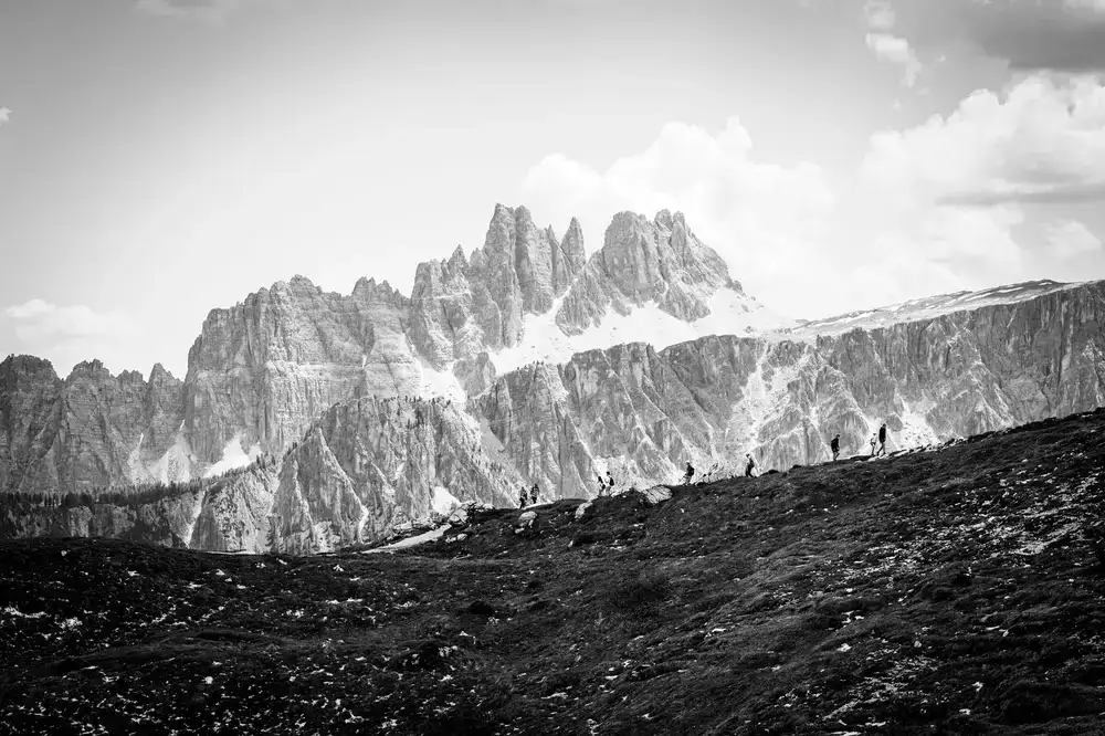 Hikers on a rocky mountain ridge